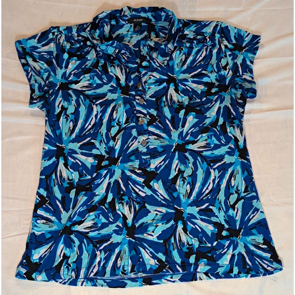Alfani Womens Blouse Size L Blue Black Floral Collared Button Front Short Sleeve